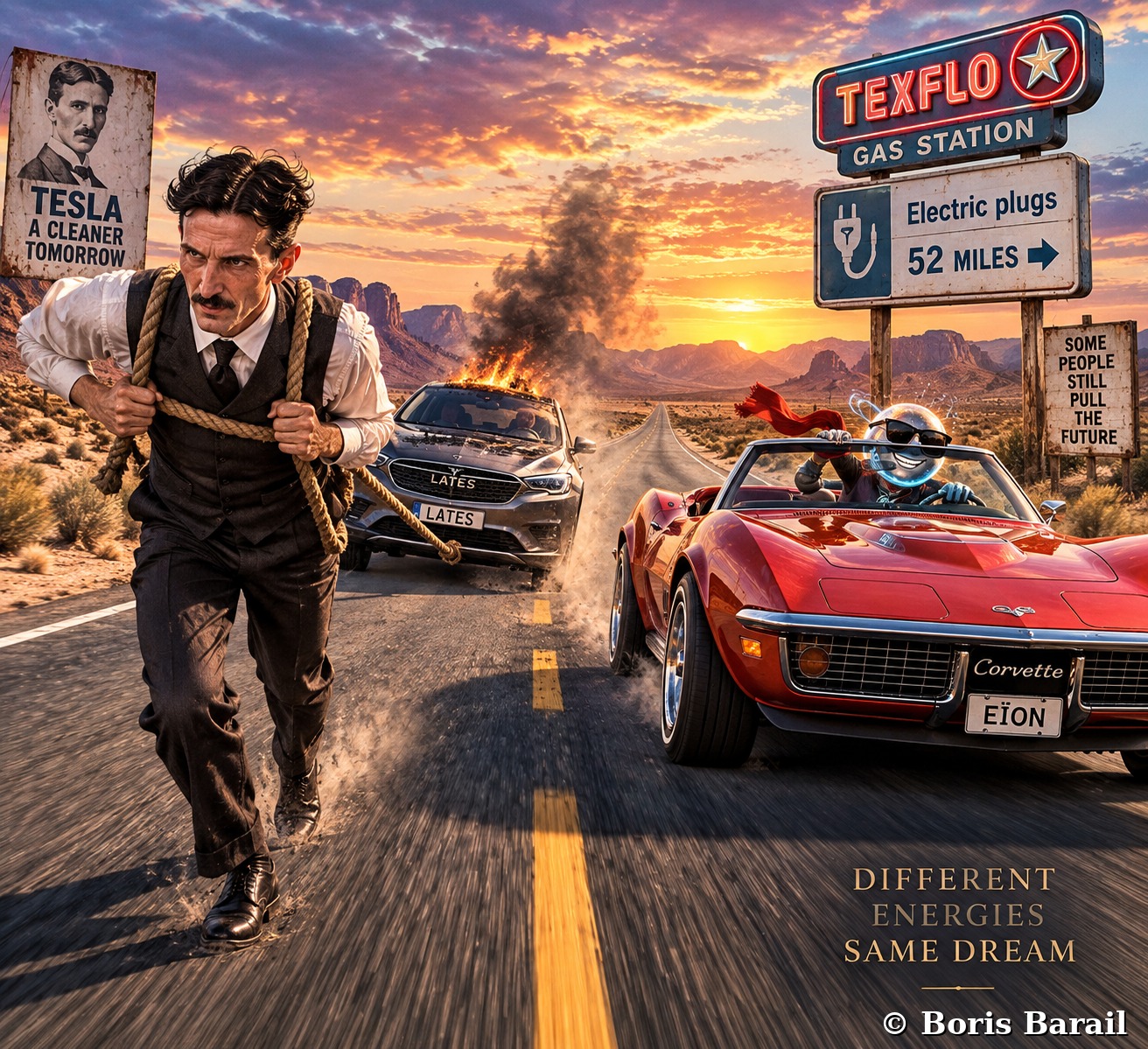 Chapter artwork — Tesla, gas station, J'peux t'aider