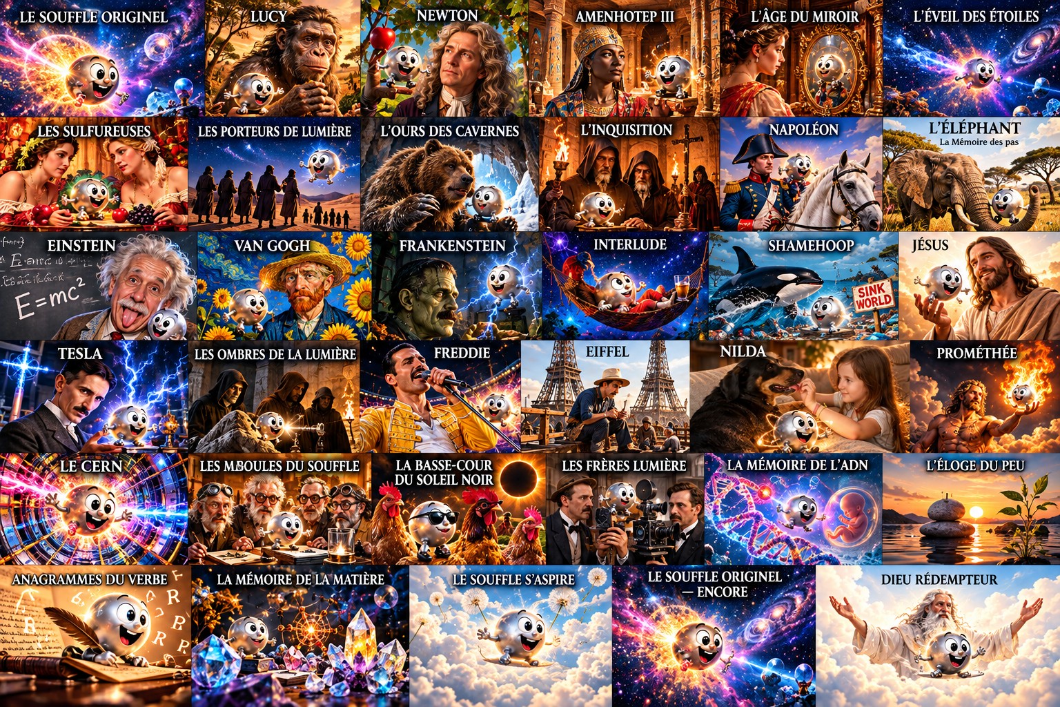 The Odyssey of My Electrons — full chapter cast collage, Eïon across every era